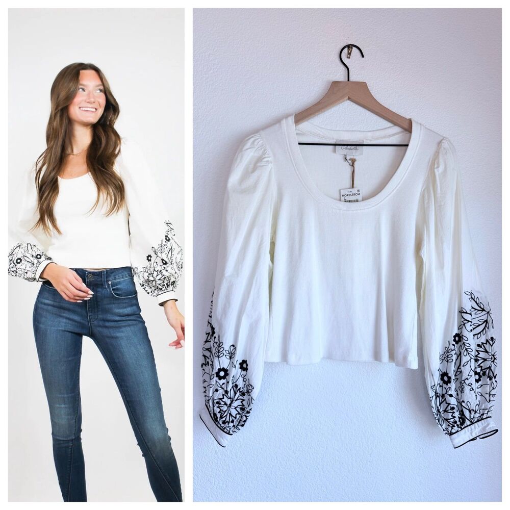 Cleobella Ruthie Top NWT Ivory White Black Floral Embroidered Puff Sleeve Sm S